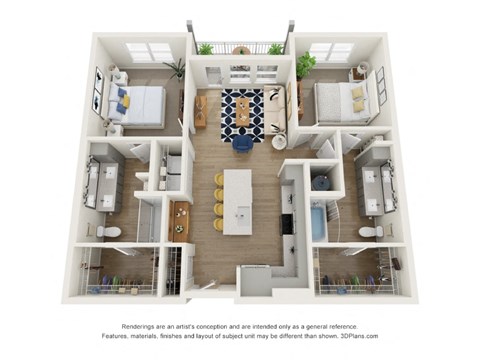 a 3d floor plan of an apartment with a bedroom and a living room